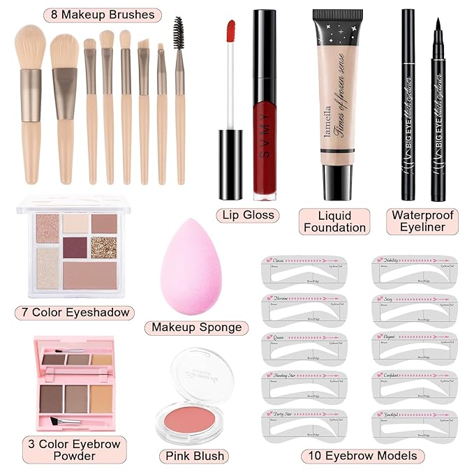 Makeup Kit for Teens Girls, Makeup Present Set for Women, Makeup Full Kit for Beginners, Mini Makeup Bundle Include 7 Puce colors Matte & Shimmer Pigmented Eyeshadow Palette, Eyebrow Powder-VeraVaultWomen
