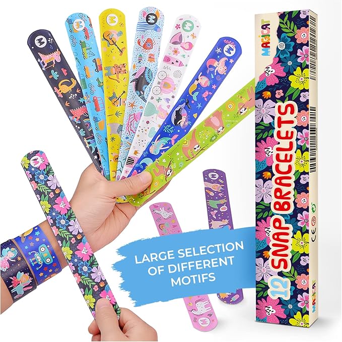 Magicat Premium Slap Bracelets - 12 Fun Snap Bracelets for Kids - Girls and Boys Birthday Party Gift, Classroom Prizes and Basket Stuffers - Slap Bracelets for Kids - Unicorn, Robot, Princess-VeraVaultWomen