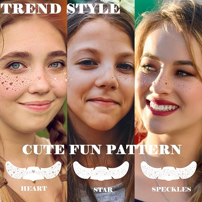 8 Pcs Rose Gold Mixed Shapes Glitter Freckles Face Tattoo, Cute Sparkle Fake Speckles for Women, Freckle Makeup Patches, Face Glow Glitter Party Supplies, Rave Event Festival Accessories for Women