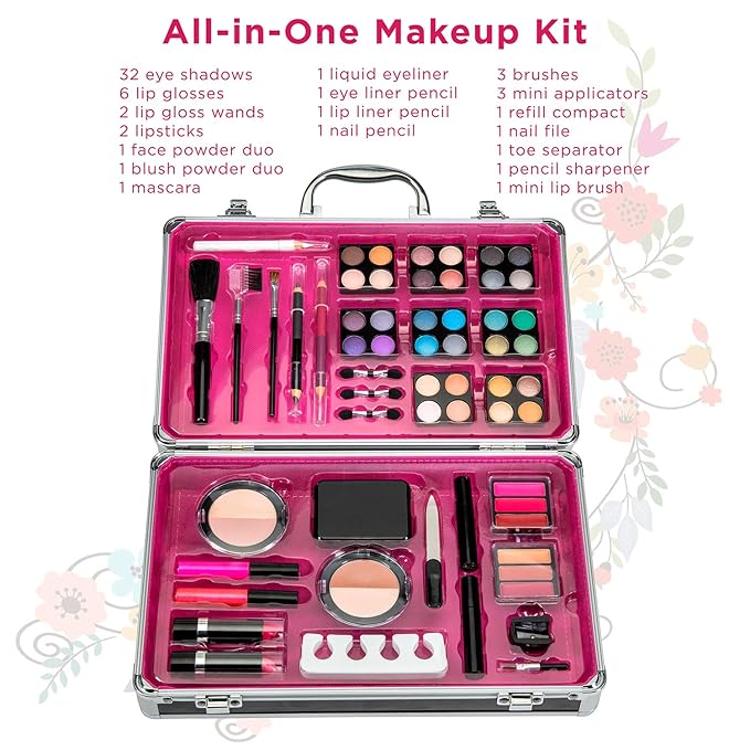 Makeup Kit Set - 32 Eye Shadows 6 Lip Glosses 2 Lip Gloss Wands 2 Lipsticks 1 Face Powder Duo 1 Blush Powder Duo 1 Mascara - Case with Carrying Handle-VeraVaultWomen