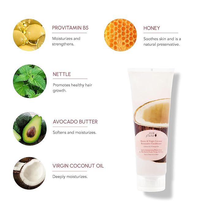 100% PURE Honey & Virgin Coconut Restorative Conditioner Moisturizer & Repair Replenishing Nutrient Boost for Dry Damaged Hair, Promotes Healthy Growth for Women & Men - Sulfate Free - 8 Fl Oz-VeraVaultWomen