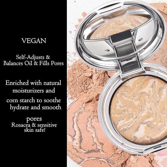 Marbleized Baked Foundation Makeup, Balance and Brighten Color Correcting Powder Foundation - Buildable Light to Medium Coverage - Demi-Matte Natural Finish (#002 LIGHT, 0.32 Oz)-VeraVaultWomen
