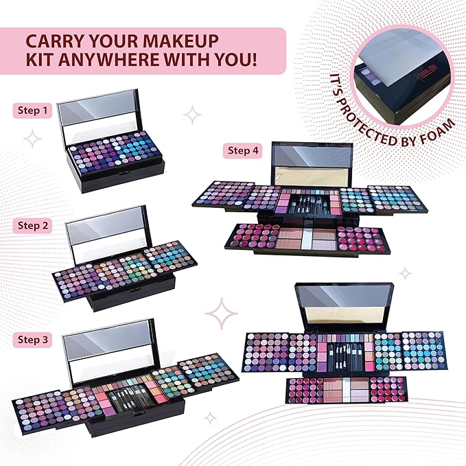 Makeup Kit for Women - 190-in-1 - Professional Makeup Pallets, makeup kit Includes Eyeshadows, Blushes, Makeup Brushes & More For a Full Makeup Look-VeraVaultWomen