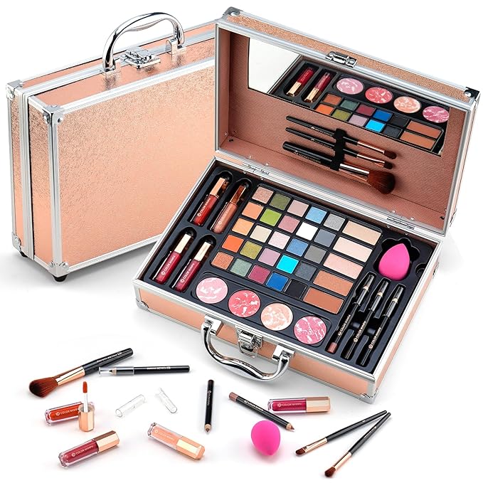 Makeup Kit for Women,All in One Makeup Gift Set for Girls in Cosmetic Train Case (Gold) With Mirror,Full Starter Cosmetic Kit Includes Eyeshadow Palette,Lipgloss,Blushes-VeraVaultWomen