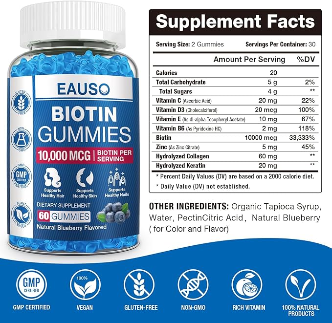 (2 Pack) Biotin Gummies 10,000mcg for Healthy Hair, Skin & Nails for Adults - 120 Gummies Vitamin - Vegan, Non-GMO, Pectin-Based Hair Health Supplement