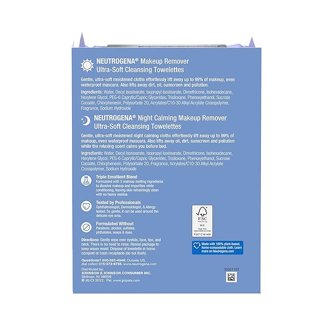 Neutrogena Day & Night Wipes, Makeup Remover Face Cleansing Towelettes & Night Calming Facial Cloths, 100% Plant Based Fibers Wipe Away Dirt, Alcohol-Free, 3 Packs of 25 ct, 75 ct-VeraVaultWomen