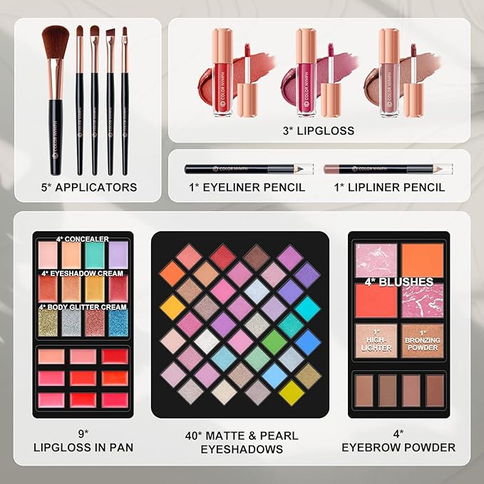 Makeup Kit for Women,All in One Makeup Gift Set for Girls in Cosmetic Train Case (White) With Mirror,Full Cosmetic Kit Includes Eyeshadow Palette,Lipgloss,Blushes,Pencil,Brush Applicators-VeraVaultWomen