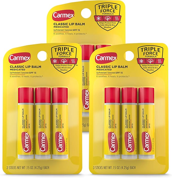 Carmex Classic Medicated Lip Balm Sticks, Lip Moisturizer for Chapped Lips, 9 Count (3 Packs of 3)-VeraVaultWomen