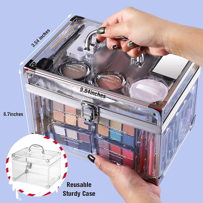 Makeup Kit for Women Full Kit - Eyeshadow Palette, Lipsticks, Lipgloss, Blushes, Contour, Highlighters, Makeup Pencil, False Eyelashes, Re-usable Train Case Gift Set for Teen Girls Starters Pros-VeraVaultWomen