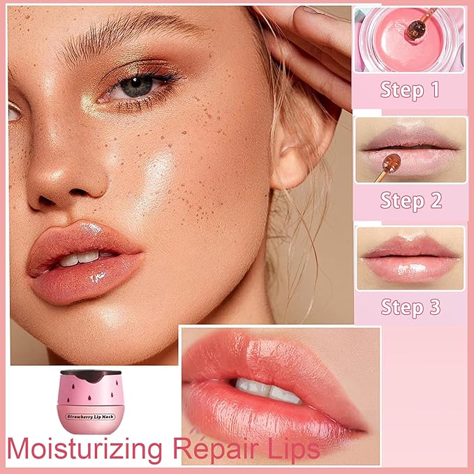 1 PCS Bee Lip Balm Honey Pot, Exfoliating Strawberry Bee Lip Balm Sleeping Lip Mask Overnight with Sticks, Honey Pot Lip Balm Prevention Dry Hydrating and Crack Lip Scrubs-VeraVaultWomen