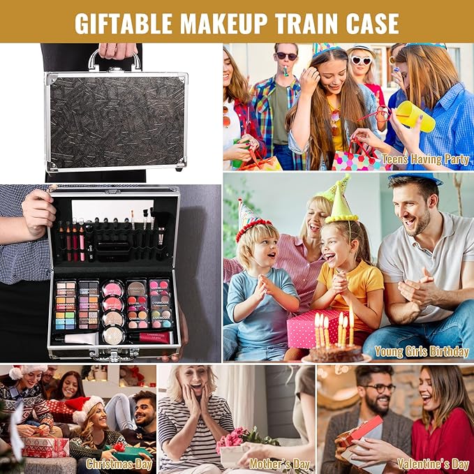 Makeup Kit for Teen Girls & Women Full Kit, Beauty Train Case with Starter Cosmetics Set, Make Up Valentine's Day Gift Box with Eyeshadow,Lipgloss,Highlight,Blush,Lip&Eye Pen,Brush & More(GoldenBrown)-VeraVaultWomen
