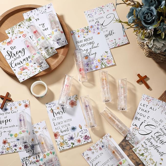 12 Sets Christian Lip Balms with Inspirational Bible Verse Card Bulk Gifts for Women Flower Sign Taste Lip Balm with Tag for Employee Coworker Teacher Family Church Wedding Favor-VeraVaultWomen