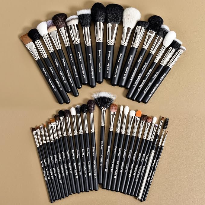 Makeup Artist MUST HAVES 42Pcs Makeup Brushes Set with Real Natural Goat Hair By BUEART DESIGN (42Pcs Matte Pearl Black)-VeraVaultWomen