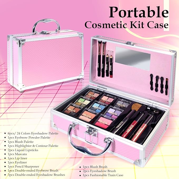 Makeup Kit for Teens Girls Women, Full Starter Cosmetics Set, Makeup Gift Set, Beginner Makeup Kit, Cosmetic Train Case For Women Full Kit, Included Eyeshadow Blusher Contour Eyebrow Powder-VeraVaultWomen