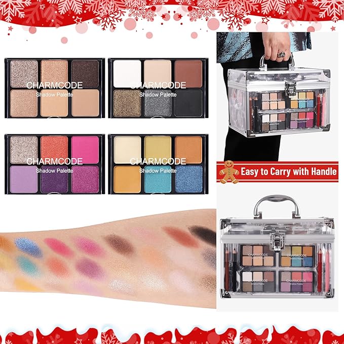Makeup Kit for Women Full Kit - Eyeshadow Palette, Lipsticks, Lipgloss, Blushes, Contour, Highlighters, Makeup Pencil, False Eyelashes, Re-usable Train Case Gift Set for Teen Girls Starters Pros-VeraVaultWomen