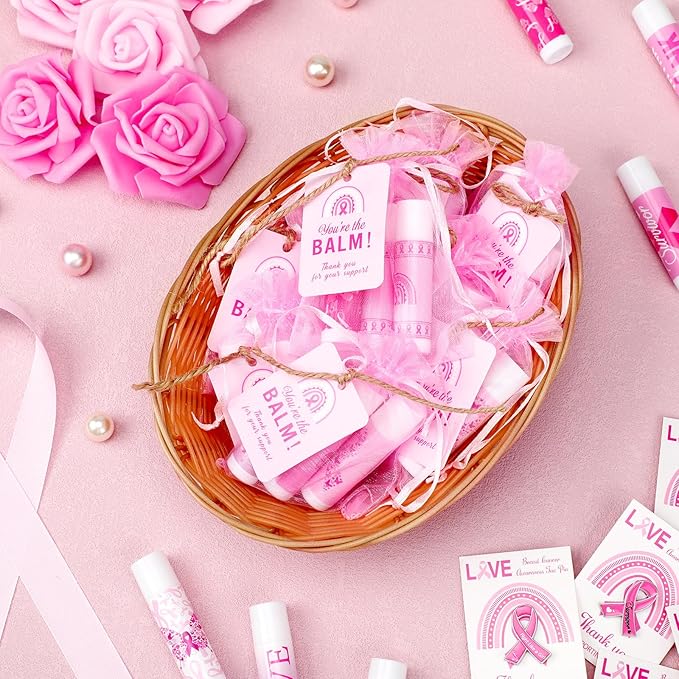 100 Set Pink Ribbon Breast Cancer Awareness Gifts Bulk, 100 Lip Balms, 100 Organza Gift Bags and 100 Tags Perfect for Charity Events, Survivors Awareness Campaigns-VeraVaultWomen