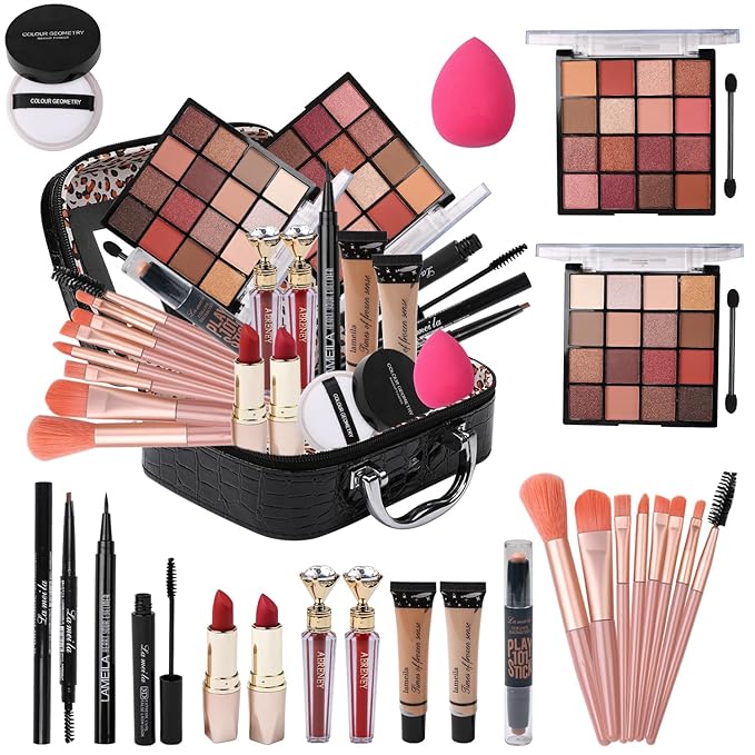 Makeup Kit for Teen Girls,All in One Makeup Kit for 2X16 Colors Eyeshadow Liquid Foundation Eyeliner Pencils Contouring Stick Lip Gloss Eyebrow Pencils 8Pcs Makeup Brushes etc (black)-VeraVaultWomen