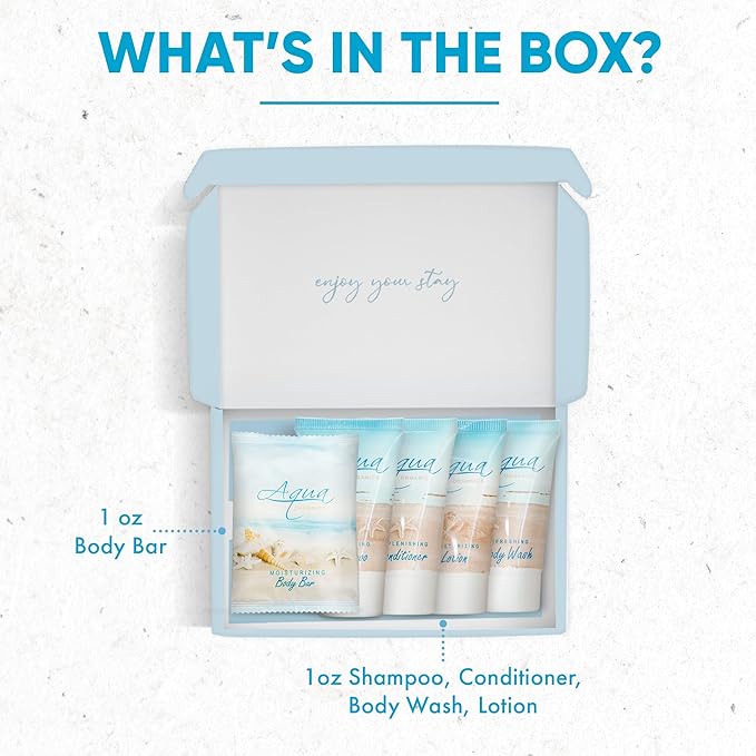 1-Shoppe All-In-Kit|Aqua Organics Amenity Kit|Boxed Hotel Toiletries|Bulk Set 1oz Travel Size Shampoo,Conditioner,Lotion,Body Wash & Bar Soap for Guest Hospitality AirBnB/Vacation Rentals|5 Pieces-VeraVaultWomen