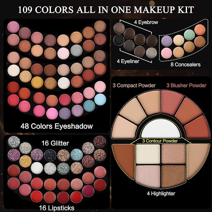 109 Colors Makeup Kit for Women Girl Full Kit Gift Set with Mirror All in One Make up Palette Included Eyeshadow Glitter Lipstick Concealer Eyeliner Eyebrow Highlighter Contour Blusher Compact PowderN-VeraVaultWomen