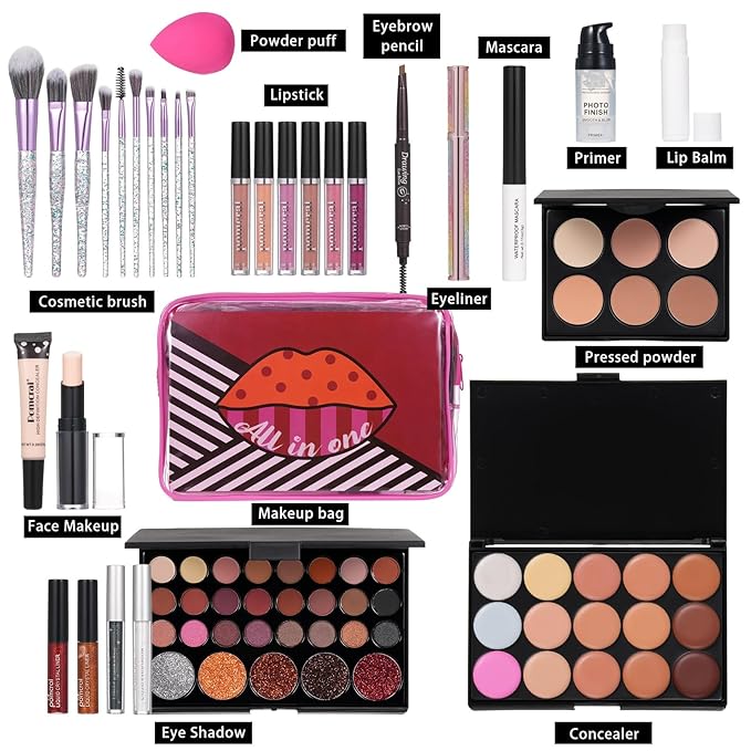 Makeup Kit For Wonmen Full Kit Eyeshadow Eyeliner lipgloss, Lipstick Makeup brushes Mascara Eyebrow pencil Concealer Face Powder Primer make up Set For Girls Beginners-VeraVaultWomen