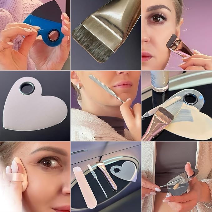 Makeup Brush Set - Flat Foundation Brush, Blender Sponge, Face Spatula, Puff & Heart-Shaped Mixing Palette with Leather Case – Complete Face Makeup Tool Kit for Blending, Foundation & Application-VeraVaultWomen