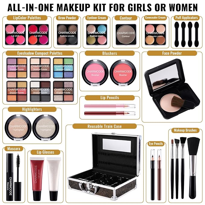Makeup Kit for Teen Girls & Women Full Kit, Beauty Train Case with Starter Cosmetics Set, Make Up Valentine's Day Gift Box with Eyeshadow,Lipgloss,Highlight,Blush,Lip&Eye Pen,Brush & More(GoldenBrown)-VeraVaultWomen