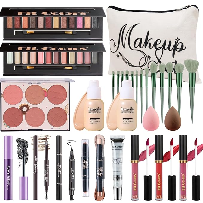 Makeup Kit for Women Full Kit, Travel Makeup Kit for, Makeup Present Set for Teens Girls Beginners Professionals, Makeup Bundle Include 2 Matte & Glitter Eyeshadow Palettes, Lip Gloss Set-VeraVaultWomen
