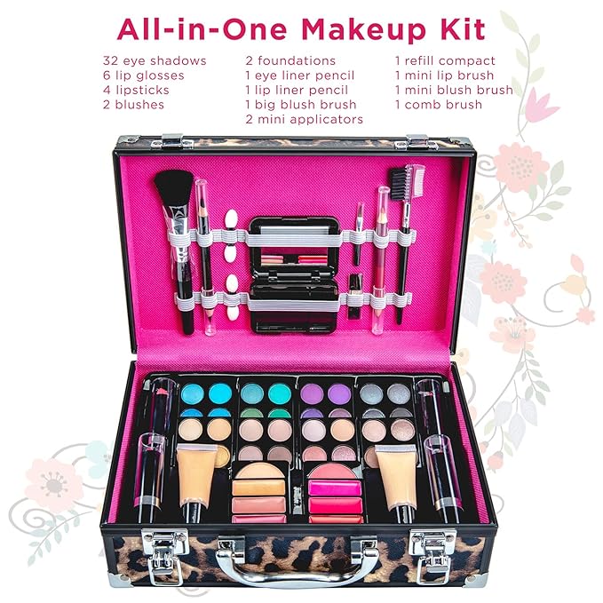 Makeup Kit Gift Set – 79 Piece - 32 Eye Shadows, 2 Blushes, 2 Lip Glosses, 2 Lipsticks, 2 Eye Liner Pencils, 1 Lip Liner Pencil, 1 Mascara - Case with Carrying Handle-VeraVaultWomen