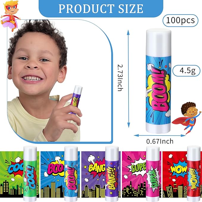 100 Pcs Hero Party Favors Lip Balms Bulk for Kids Birthday Party Moisturizing Lip Balm for Hero Themed Celebration Gifts Lip Care Products for Classroom Rewards Favor Party Supplies-VeraVaultWomen