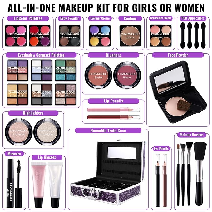 Makeup Kit for Teen Girls & Women Full Kit, Beauty Train Case with Starter Cosmetic Set, Make Up Valentine's Day Gift Box with Eyeshadow,Lipgloss,Highlighter,Blush,Lip&Eye Pencils,Brush & More(Purple)-VeraVaultWomen