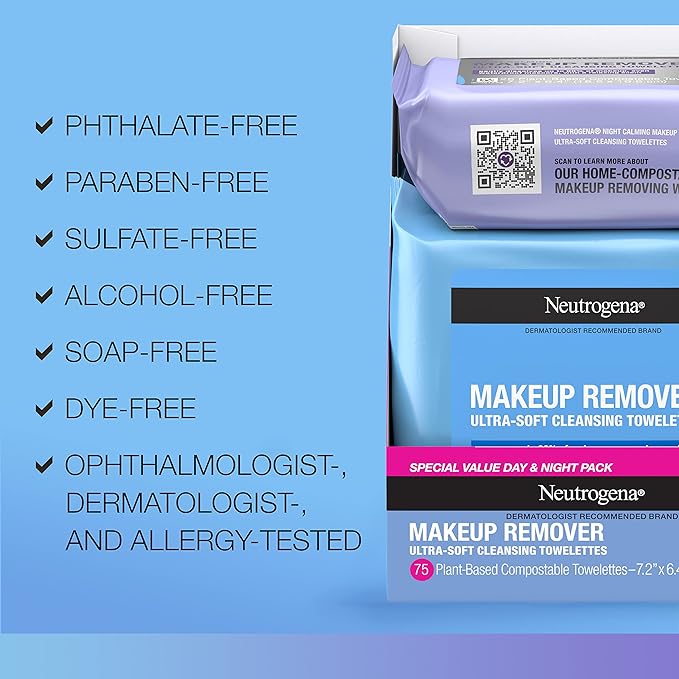 Neutrogena Day & Night Wipes, Makeup Remover Face Cleansing Towelettes & Night Calming Facial Cloths, 100% Plant Based Fibers Wipe Away Dirt, Alcohol-Free, 3 Packs of 25 ct, 75 ct-VeraVaultWomen