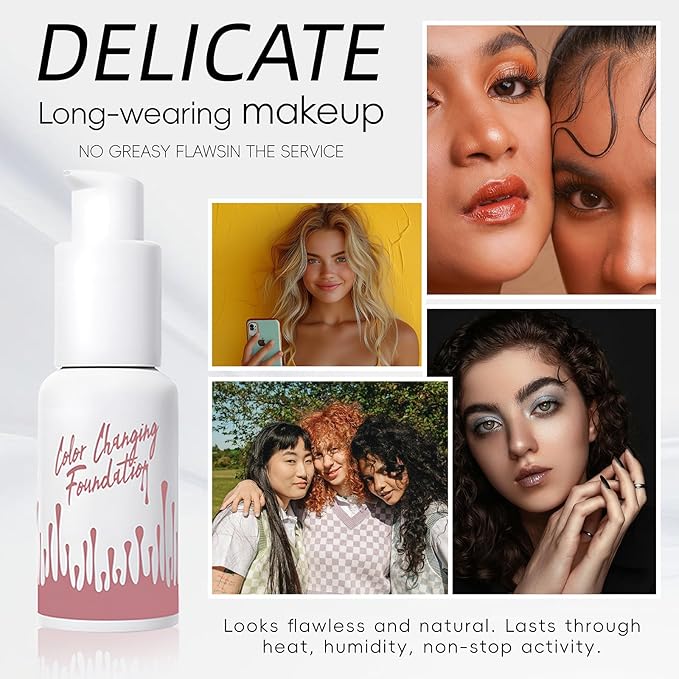 Color Changing Foundation Liquid, Skintone Matching Foundation, Full Coverage, Long Lasting, Lightweight Coverage, Oil Free and Silicon Free, Double Wear, Lightening, Sweat and Water Resistant-VeraVaultWomen
