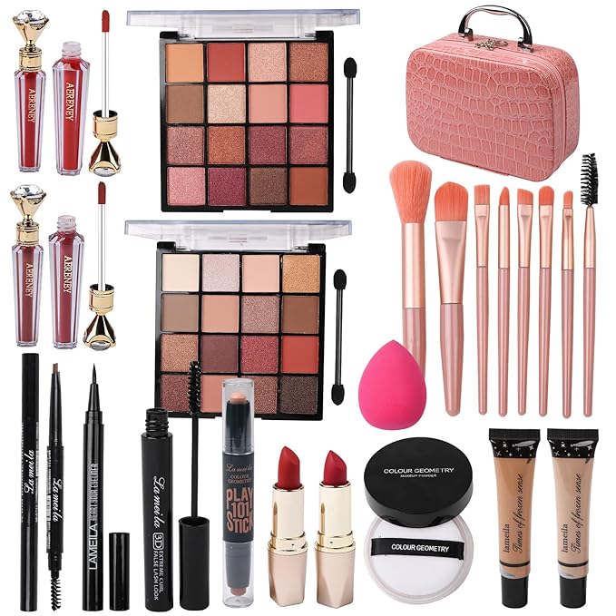 Makeup Kit for Teen Girls,All in One Makeup Kit for 2X16 Colors Eyeshadow Liquid Foundation Eyeliner Pencils Contouring Stick Lip Gloss Eyebrow Pencils 8Pcs Makeup Brushes etc (pink)-VeraVaultWomen