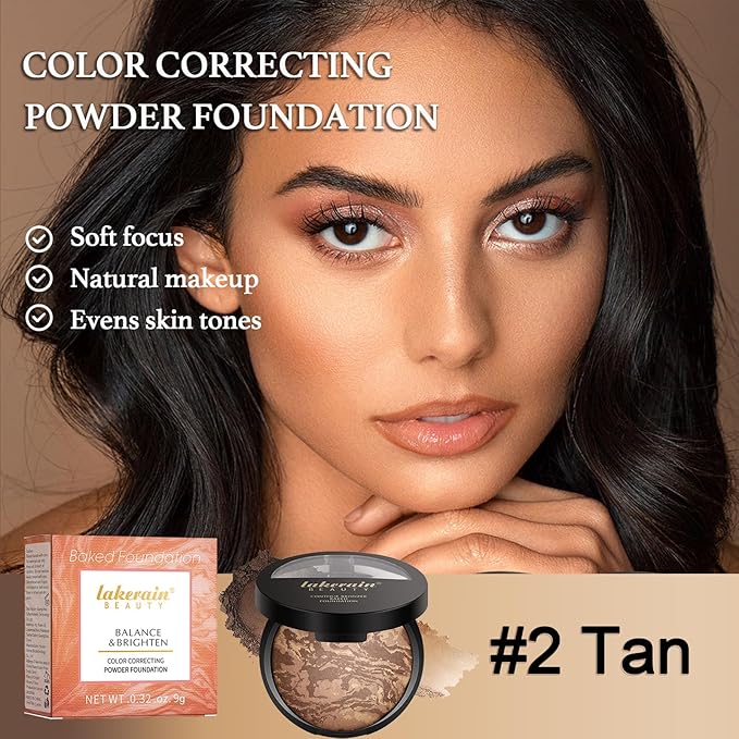 Baked Brighten Foundation, Coror Correcting Baked Balance Foundation,Buildable Coverage, Lightweight Powder Foundation, Creates a Perfect Canvas and a Natural Semi-Matte Finish(02# Tan)-VeraVaultWomen