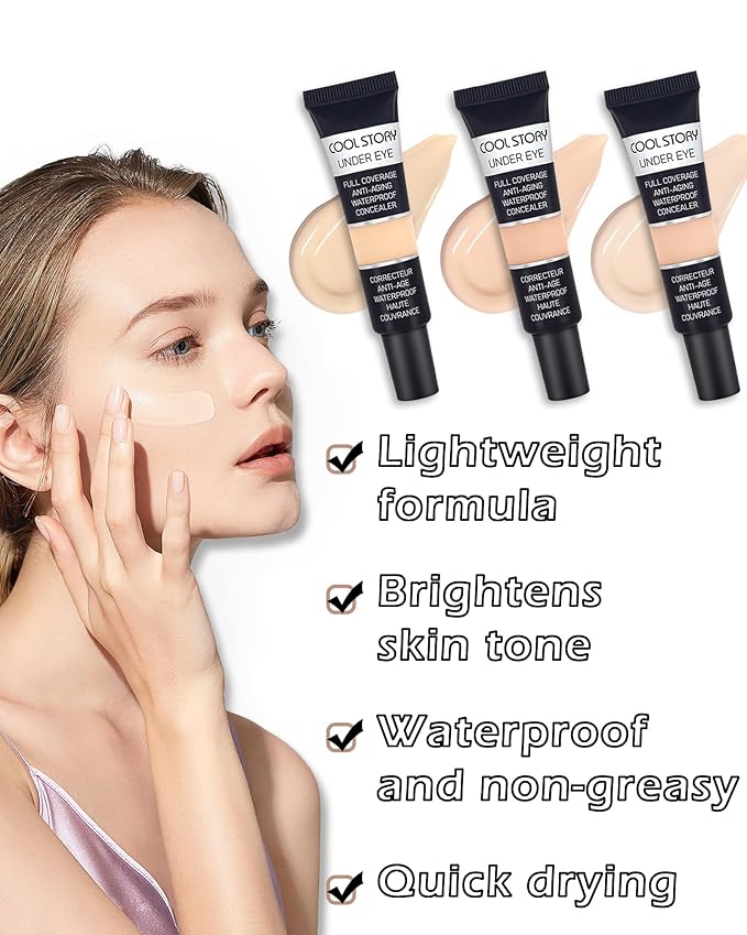 2 PCS Under Eye Concealer Full Coverage, Waterproof Color Correcting Concealer All Day Coverage Dark Circles, Puffiness, Redness, Lightweight Cream Foundation Brightener, Natural Matte Finish, Medium-VeraVaultWomen
