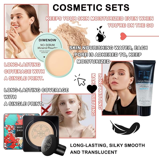 Mushroom Head Air Cushion CC Cream Full Coverage Liquid Foundation Set,Oil Control Concealer Lasting Moisturizing BB Cream,Loose Setting Face Powder Moisturizer Base Primer Makeup with Makeup Sponge-VeraVaultWomen
