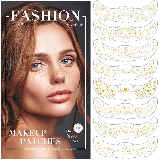8 Pcs Gold Mixed Shapes Glitter Freckles Face Tattoo, Cute Sparkle Fake Speckles for Girls Women, Freckle Makeup Patches, Face Glow Glitter Party Supplies, Rave Event Festival Accessories for Women