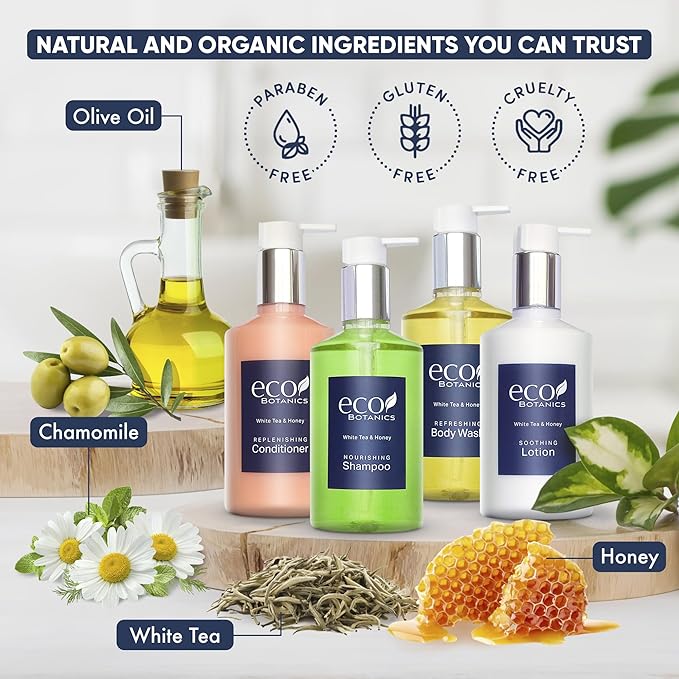 1-Shoppe Eco Botanics 20 Piece Ecobox All-In-Kit | White Tea and Honey Soap | 6 Shampoo, 4 Conditioner, 6 Body Wash & 4 Lotion | 10.14oz Hotel Soaps and Toiletries Bulk | Personal Care Products-VeraVaultWomen