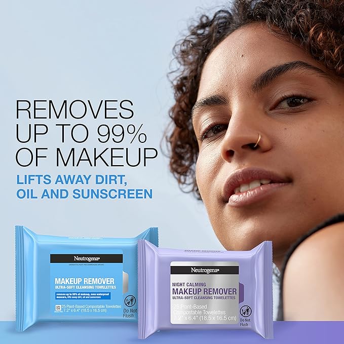 Neutrogena Day & Night Wipes, Makeup Remover Face Cleansing Towelettes & Night Calming Facial Cloths, 100% Plant Based Fibers Wipe Away Dirt, Alcohol-Free, 3 Packs of 25 ct, 75 ct-VeraVaultWomen