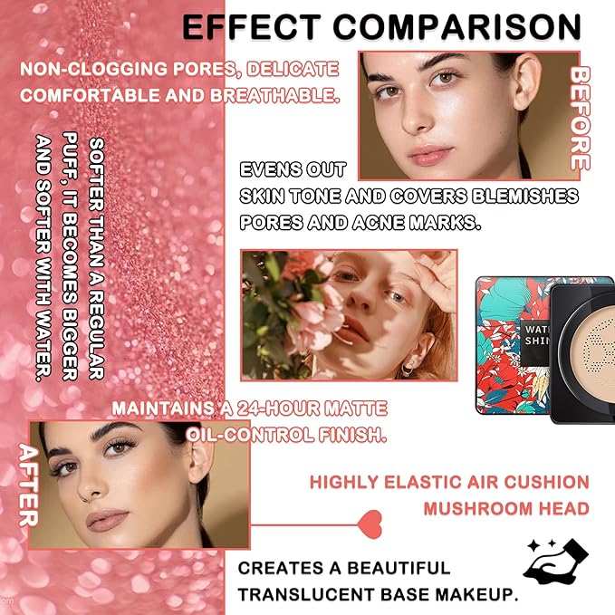 Mushroom Head Air Cushion CC Cream Full Coverage Liquid Foundation Set,Oil Control Concealer Lasting Moisturizing BB Cream,Loose Setting Face Powder Moisturizer Base Primer Makeup with Makeup Sponge-VeraVaultWomen