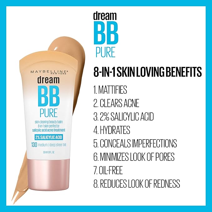 Maybelline Dream Pure Skin Clearing BB Cream, 8-in-1 Skin Perfecting Beauty Balm With 2% Salicylic Acid, Sheer Tint Coverage, Oil-Free, Deep, 1 Count-VeraVaultWomen