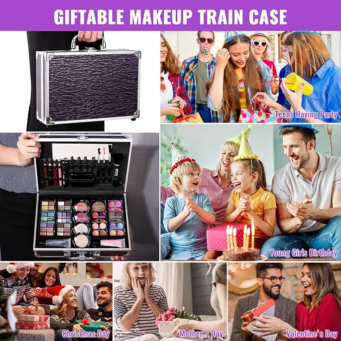 Makeup Kit for Teen Girls & Women Full Kit, Beauty Train Case with Starter Cosmetic Set, Make Up Valentine's Day Gift Box with Eyeshadow,Lipgloss,Highlighter,Blush,Lip&Eye Pencils,Brush & More(Purple)-VeraVaultWomen