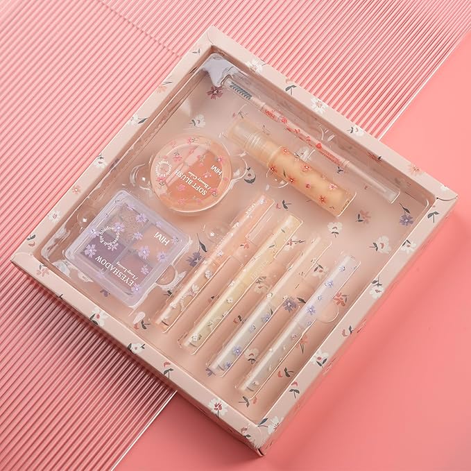 Makeup Kit for Girls, 8 Pieces Makeup Set, Include 4 Color Lipsticks and Eyeshadow, Eyebrow Pencil, Concealer, Blush Palette, Ideal Gift for Girls-VeraVaultWomen
