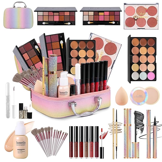 Makeup Kit for Women Full Kit, Travel Makeup Kit, Makeup Gift Set for Teens Girls Beginners Professionals, Makeup Bundle Include 2 Matte & Glitter Eyeshadow Palettes, Lip Gloss Set-VeraVaultWomen