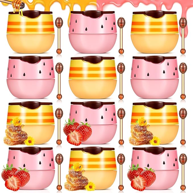 12 Pcs Bee Lip Balm Honey Pot with Brush Propolis Lip Mask Overnight, Moisturizing Hydrating Lip Sleeping Mask Prevention Dry and Cracked(Honey+Strawberry)-VeraVaultWomen