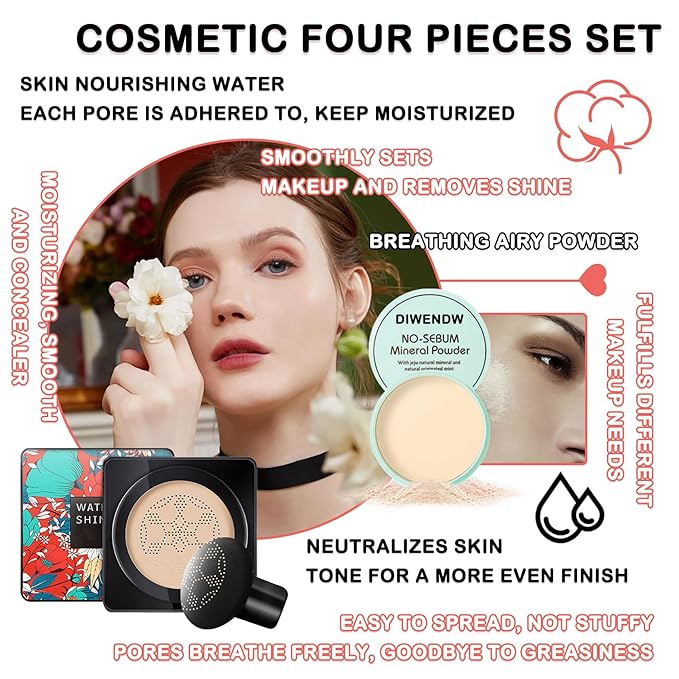 Mushroom Head Air Cushion CC Cream Full Coverage Liquid Foundation Set,Oil Control Concealer Lasting Moisturizing BB Cream,Loose Setting Face Powder Moisturizer Base Primer Makeup with Makeup Sponge-VeraVaultWomen