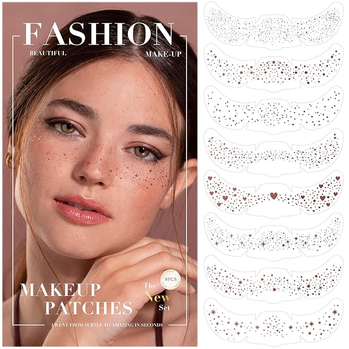 8 Pcs Rose Gold Mixed Shapes Glitter Freckles Face Tattoo, Cute Sparkle Fake Speckles for Women, Freckle Makeup Patches, Face Glow Glitter Party Supplies, Rave Event Festival Accessories for Women