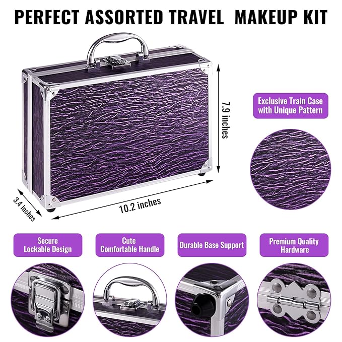 Makeup Kit for Teen Girls & Women Full Kit, Beauty Train Case with Starter Cosmetic Set, Make Up Valentine's Day Gift Box with Eyeshadow,Lipgloss,Highlighter,Blush,Lip&Eye Pencils,Brush & More(Purple)-VeraVaultWomen