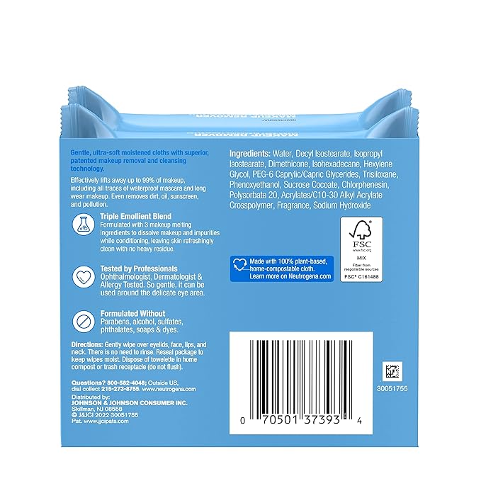 Neutrogena Makeup Remover Wipes, Ultra-Soft Cleansing Facial Towelettes for Waterproof Makeup, Alcohol-Free, Plant-Based, Twin Pack, 25 Count (Pack of 2)-VeraVaultWomen
