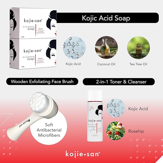 Kojie San Face & Body Shower Set - The Original Kojic Acid Soap that Reduces Visibility of Dark Spots, Hyperpigmentation, and Other types of Skin Damage – 135g x 2 Bars with Lotion, Cream and Toner-VeraVaultWomen